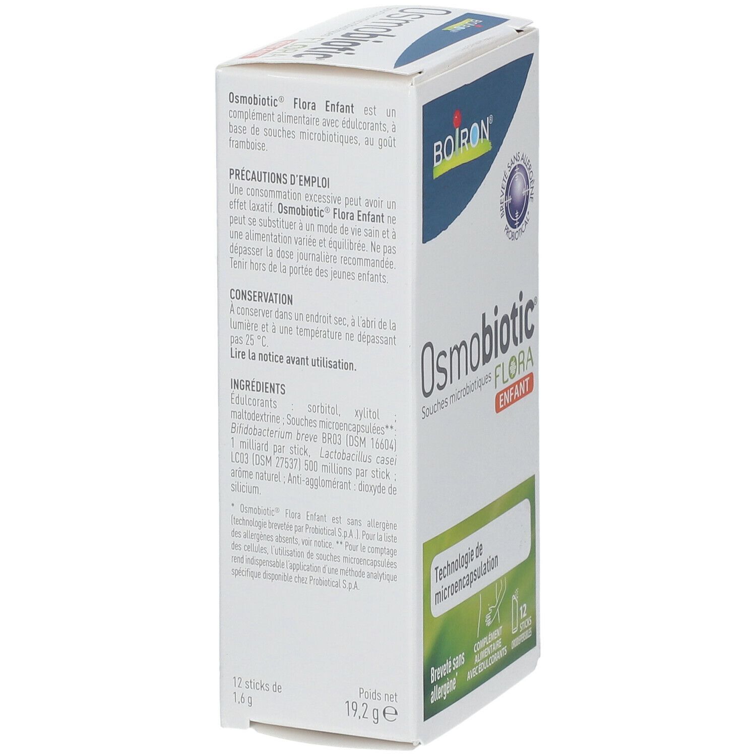 Vue latérale de la boîte BOIRON® Osmobiotic® Flora Enfant. Contient des informations sur les ingrédients et les avertissements.