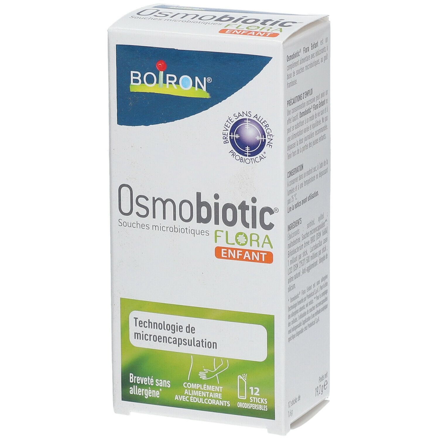 Boîte BOIRON® Osmobiotic® Flora Enfant. Inscription: 'Souches microbiennes FLORA ENFANT'. 12 sticks. Vue détaillée.