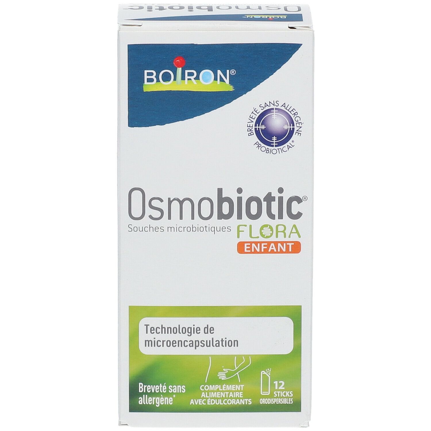 Boîte BOIRON® Osmobiotic® Flora Enfant. Inscription: 'Souches microbiennes FLORA ENFANT'. 12 sticks. Vue de face.