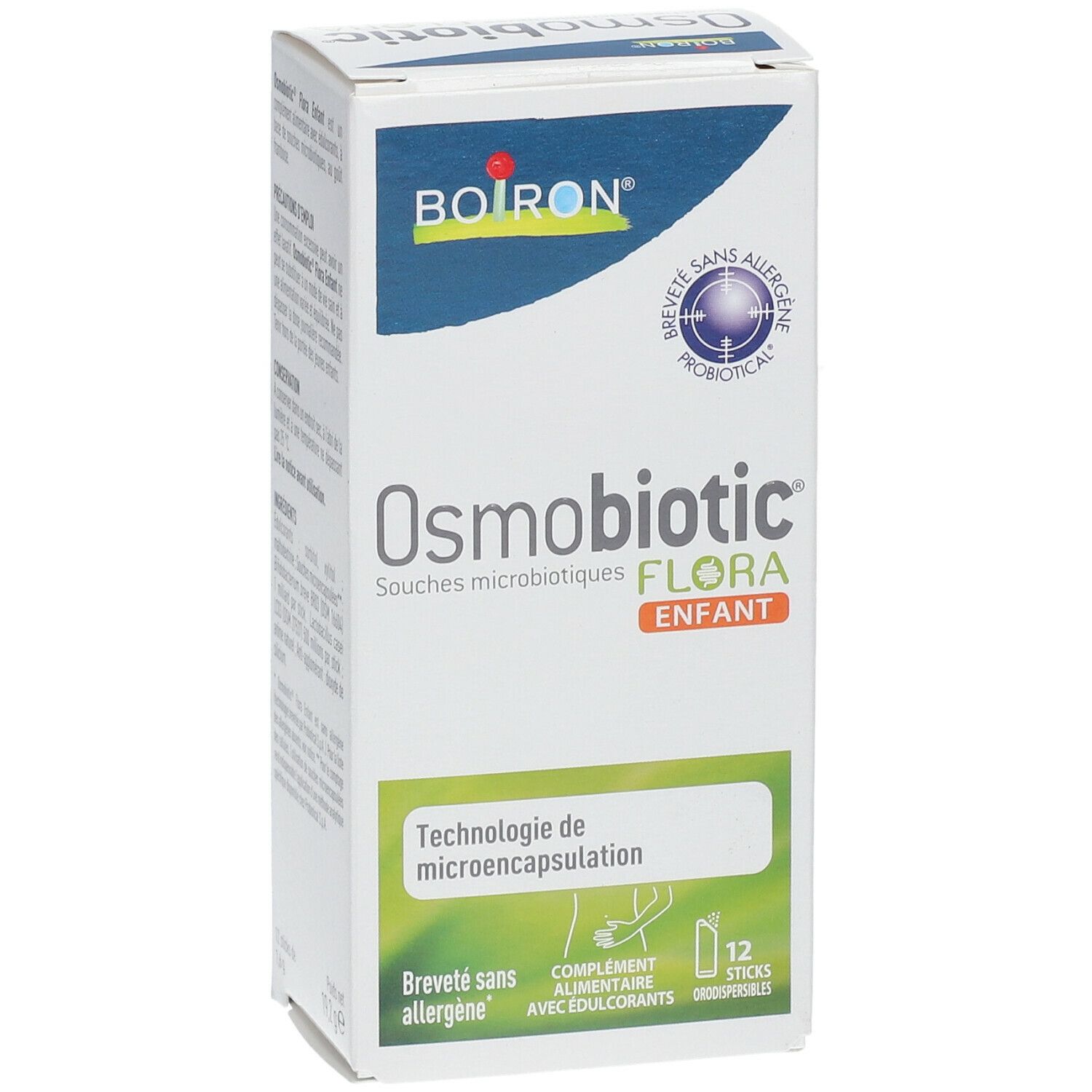 Boîte BOIRON® Osmobiotic® Flora Enfant. Inscription: 'Souches microbiennes FLORA ENFANT'. 12 sticks. Gros plan.