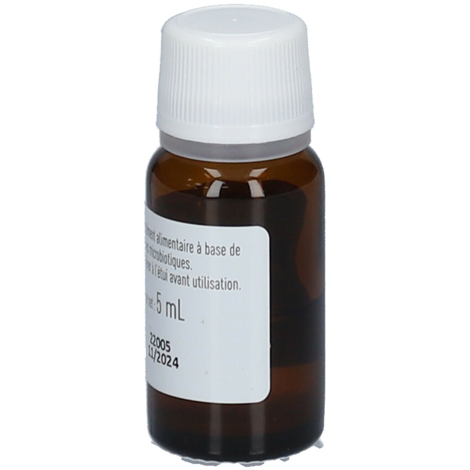 Flacon en verre brun avec bouchon blanc. Étiquette avec texte. Volume: 5 ml. Date d'expiration: 11/2024.