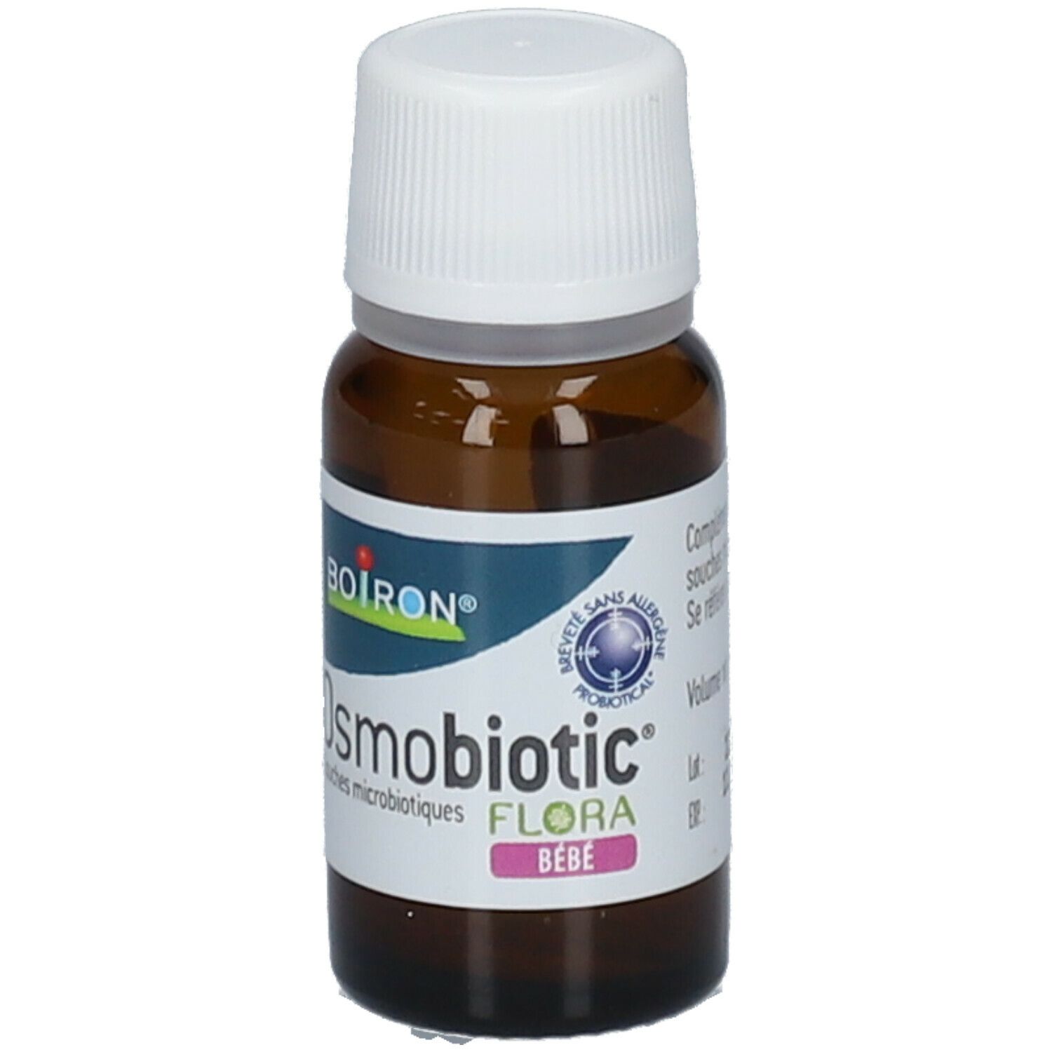 Flacon en verre brun avec bouchon blanc. Étiquette BOIRON, Osmobiotic Flora Bébé. Accents bleus et verts.