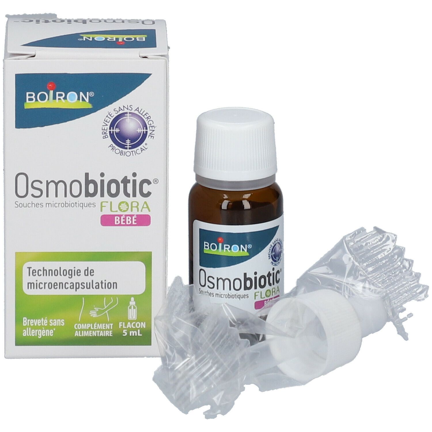 Emballage et flacon. Flacon: verre brun, bouchon blanc. Emballage: blanc, bleu, rose. Texte: BOIRON, Osmobiotic.