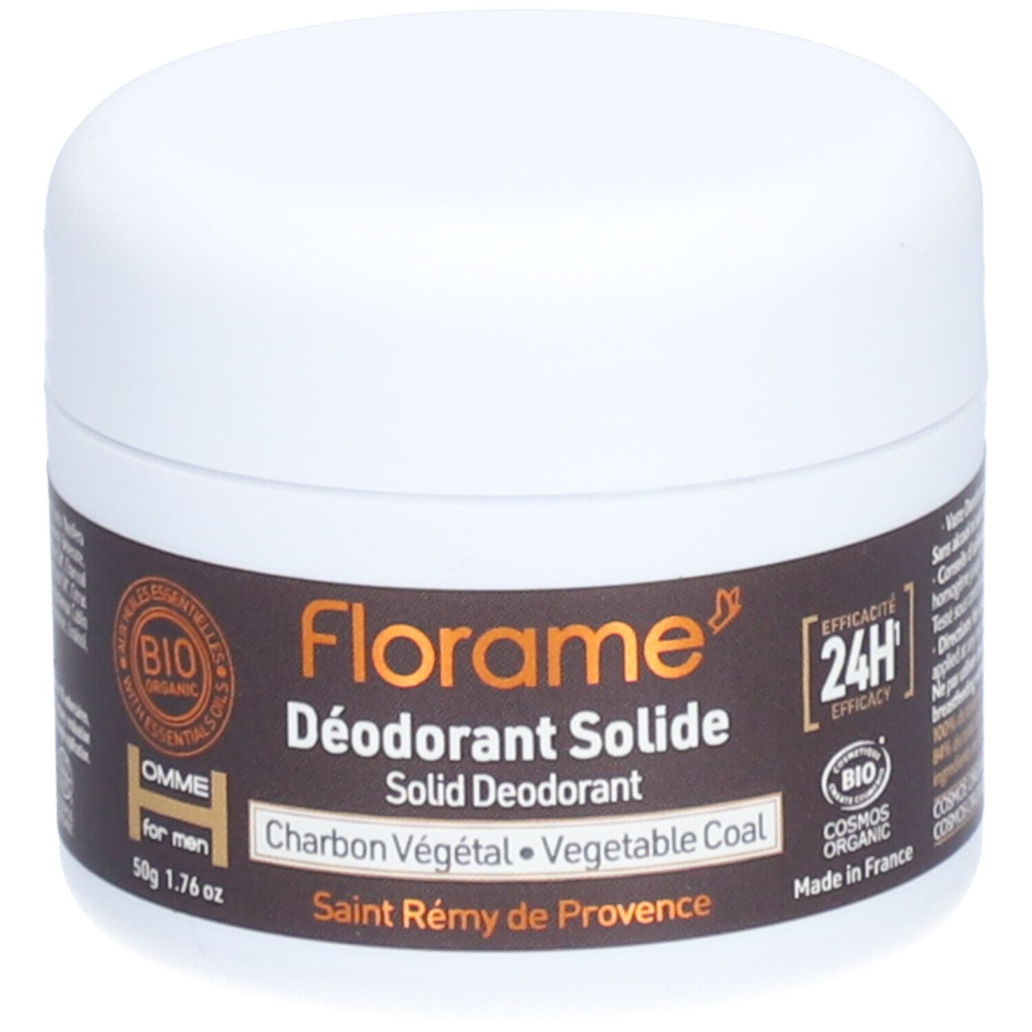Weißer Tiegel mit braunem Etikett. Aufschrift: Florame Déodorant Solide, Charbon Végétal. Bio-Zertifizierung.