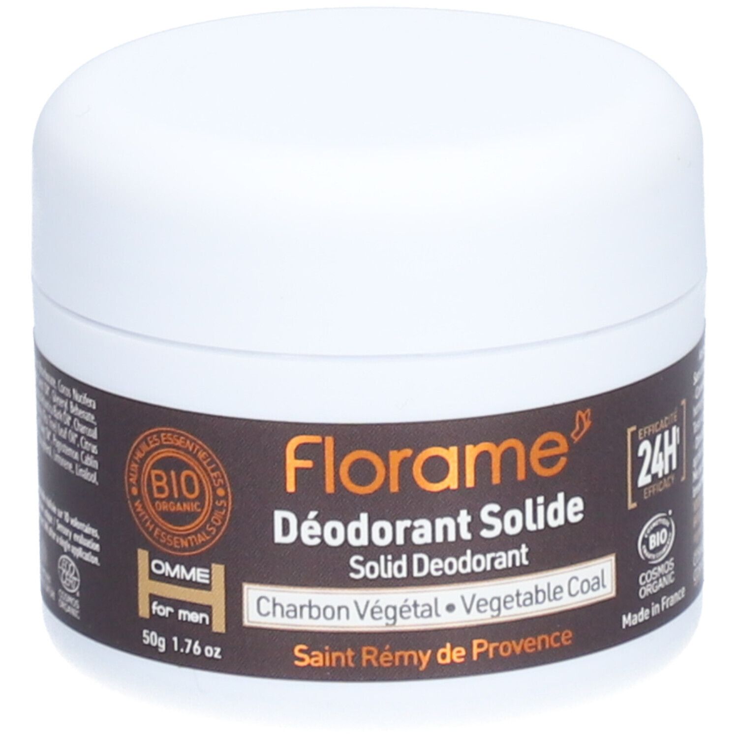 Weißer Tiegel mit braunem Etikett. Aufschrift: Florame Déodorant Solide, Charbon Végétal. Bio-Zertifizierung.