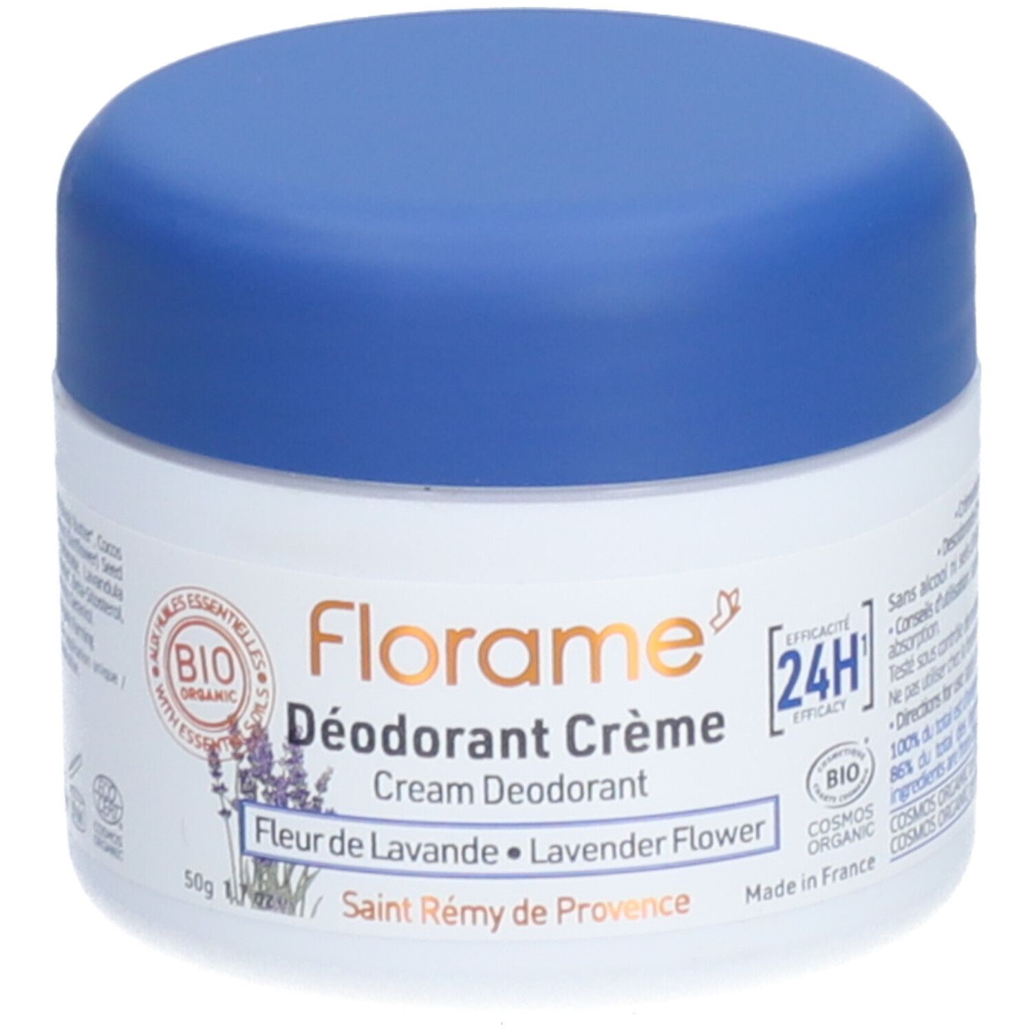 Creme-Deodorant in einem weißen Tiegel mit blauem Deckel. Aufschrift: Florame Déodorant Crème, Lavendelblüte. Bio-Zertifizierung.