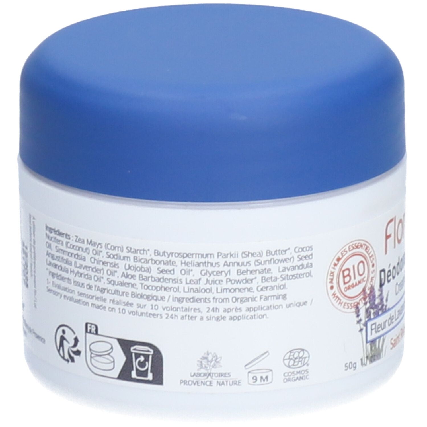 Rückseite des Creme-Deodorant-Tiegels. Enthält Inhaltsstoffe und Bio-Zertifizierungen. Mit Informationen zur Anwendung und Haltbarkeit.
