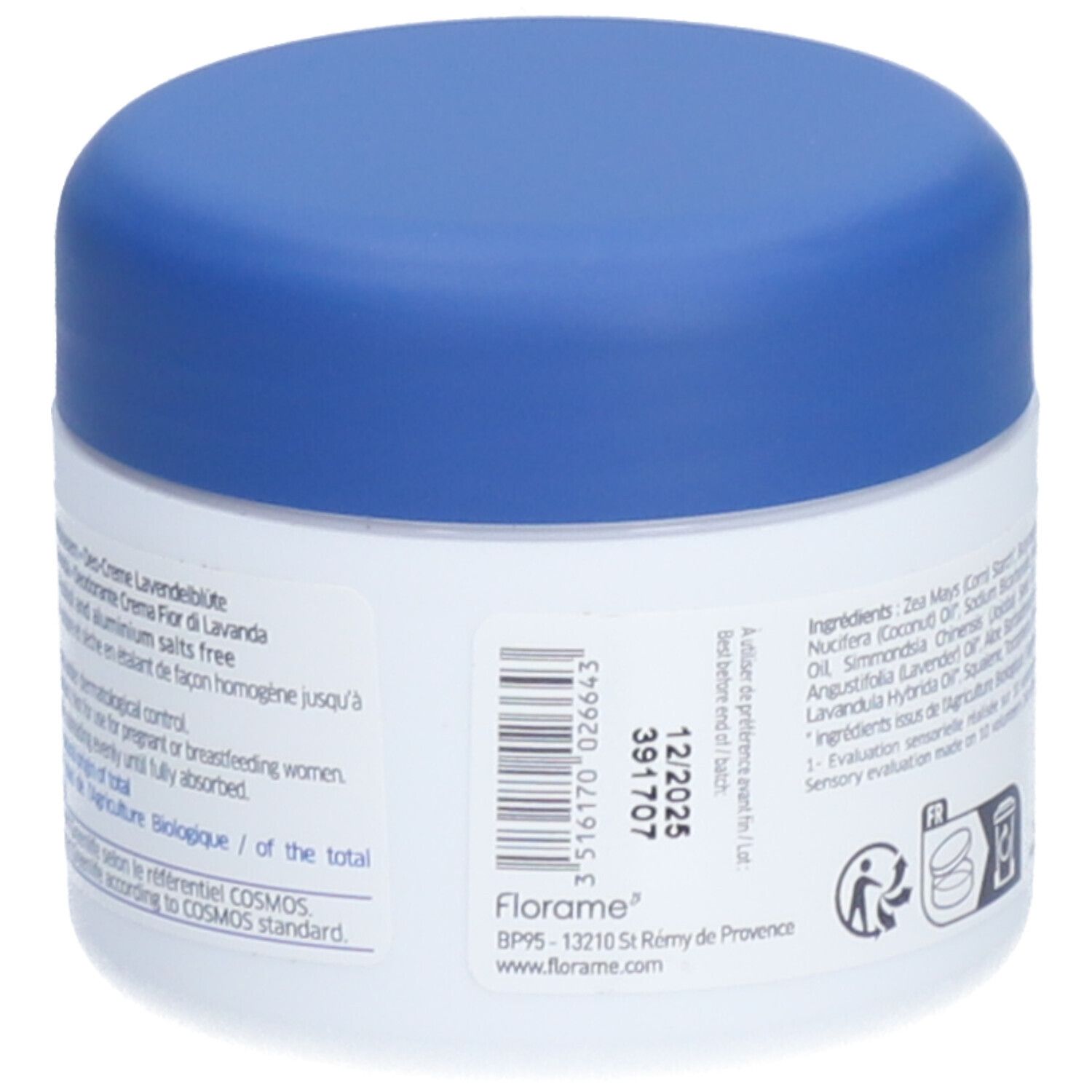 Rückseite des Creme-Deodorant-Tiegels. Barcode und Informationen zur Haltbarkeit. Bio-Zertifizierung und Kontaktinformationen.