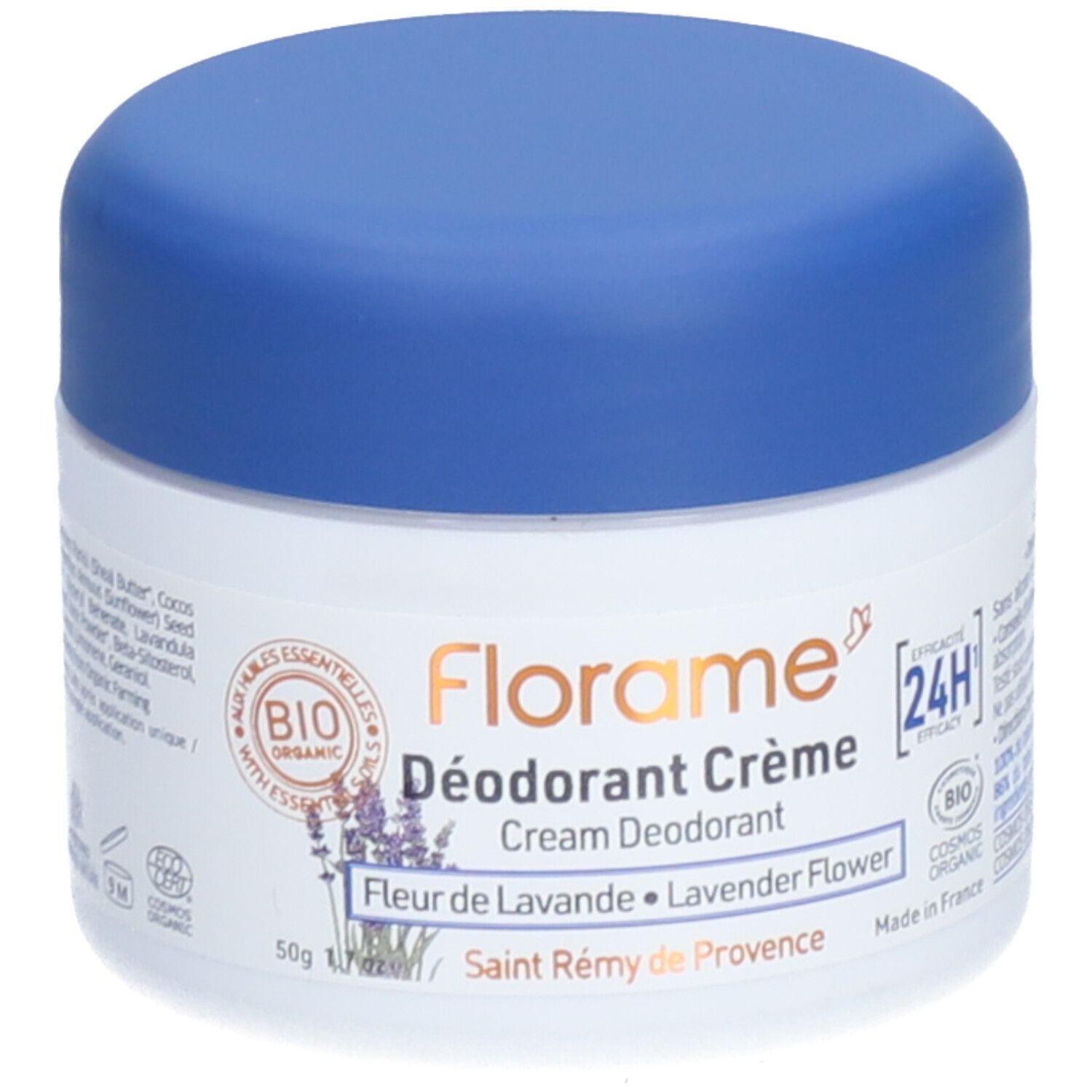 Creme-Deodorant in einem weißen Tiegel mit blauem Deckel. Aufschrift: Florame Déodorant Crème, Lavendelblüte. Bio-Zertifizierung.