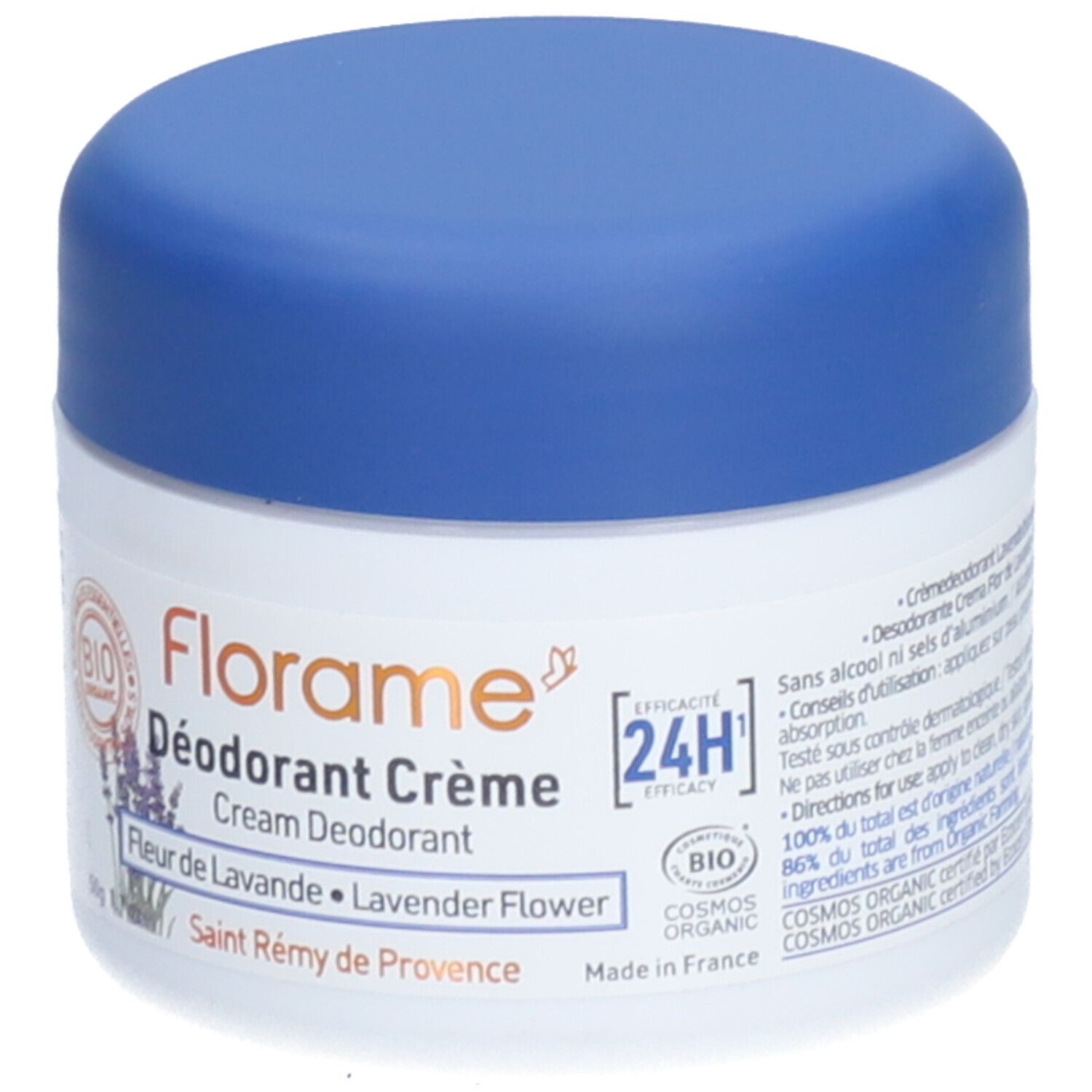 Creme-Deodorant in einem weißen Tiegel mit blauem Deckel. Aufschrift: Florame Déodorant Crème, Lavendelblüte. 24H Wirksamkeit.