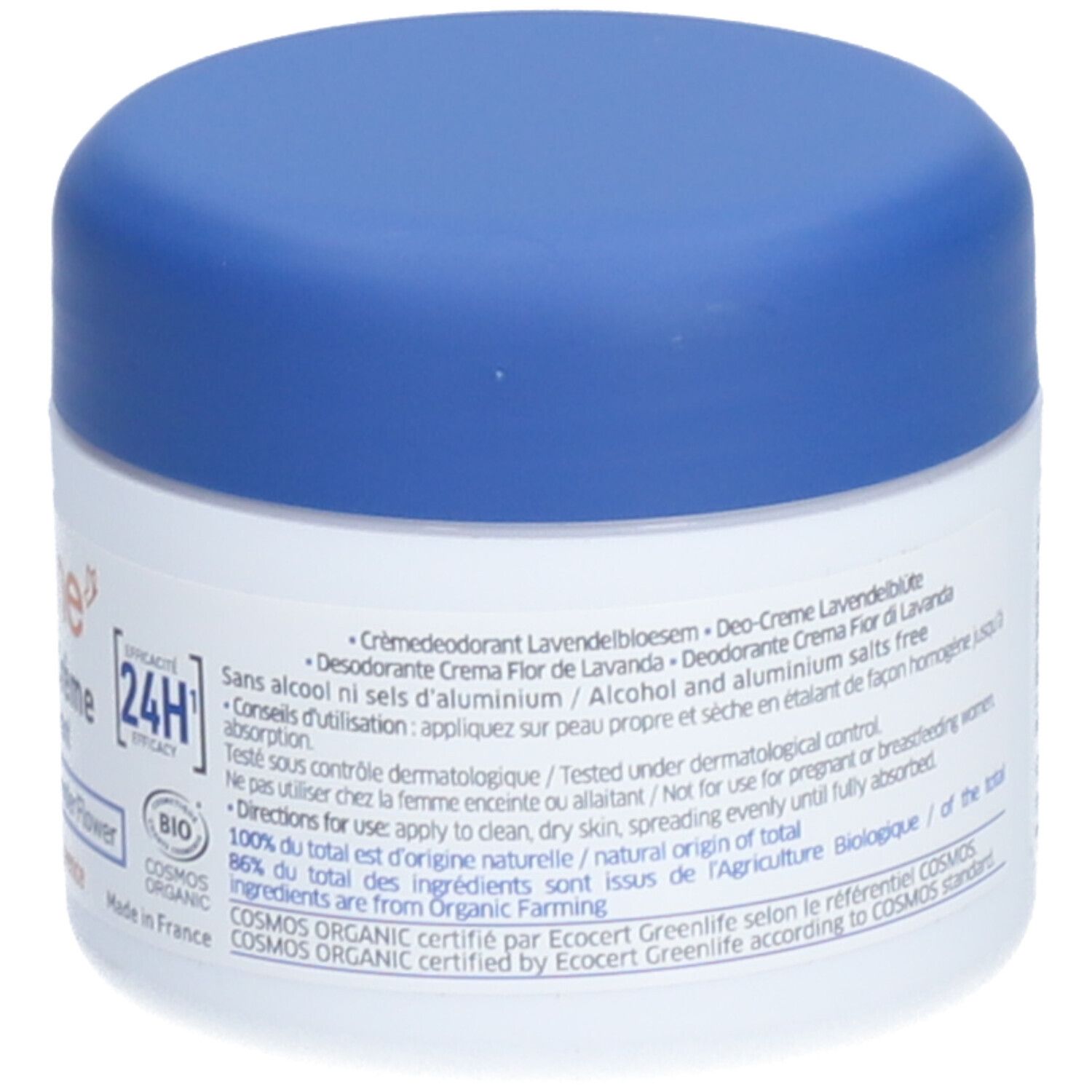 Rückseite des Creme-Deodorant-Tiegels. Informationen zur Anwendung, Inhaltsstoffe und Bio-Zertifizierungen. 24H Wirksamkeit.