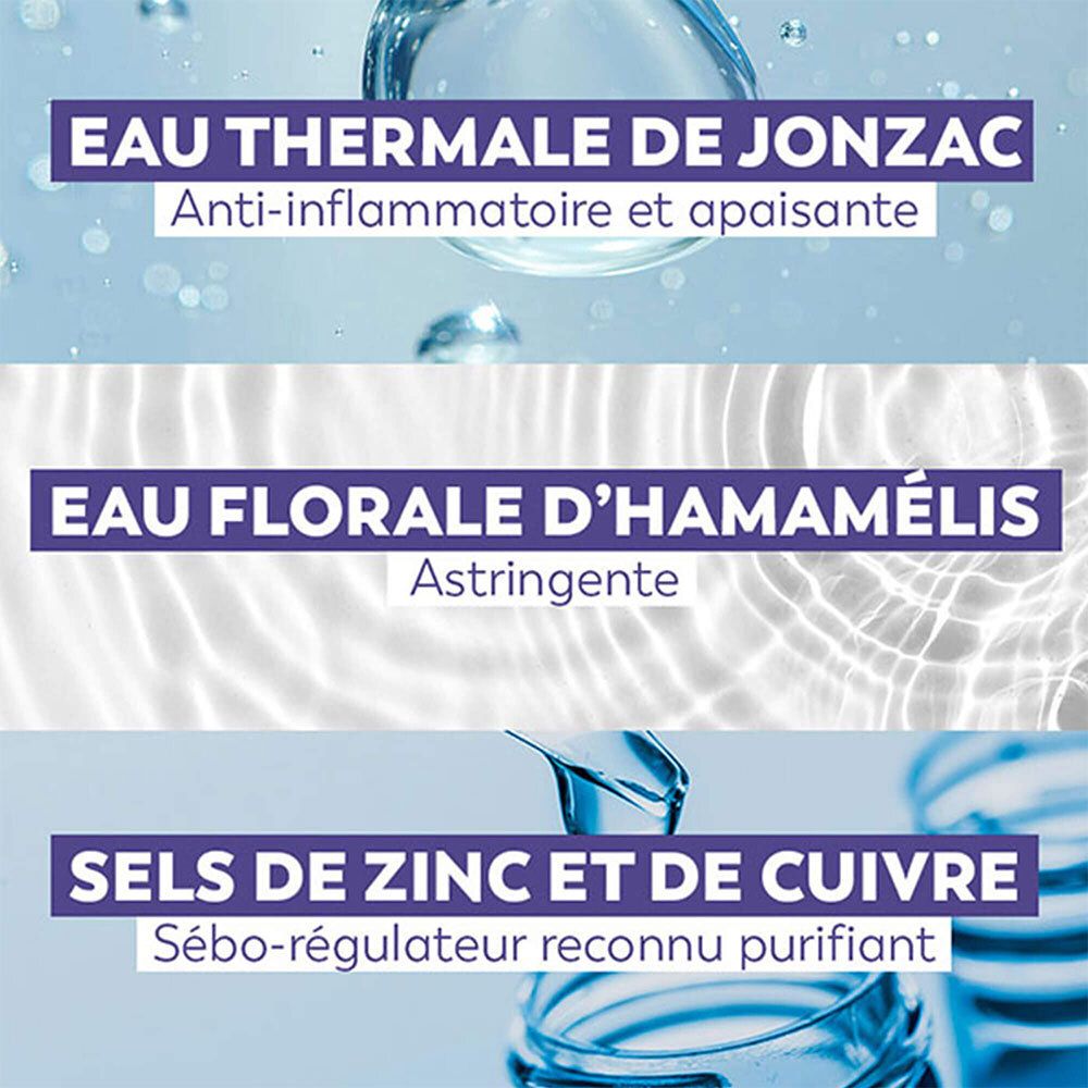 Text-Grafik mit Inhaltsstoffen: Thermalwasser, Hamamelisblütenwasser, Zink- und Kupfersalze.