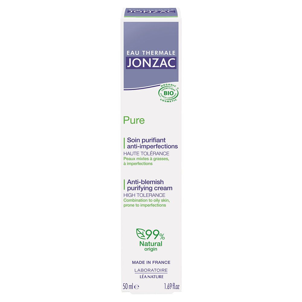 Kartonverpackung. Text: Jonzac, Pure, Anti-Unvollkommenheiten. Bio-Zertifizierung. 99% natürlichen Ursprungs. Für Mischhaut.