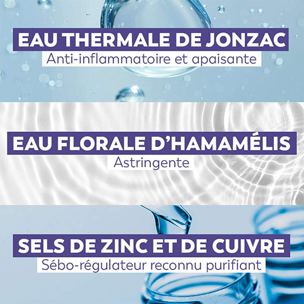 Nahaufnahme von Wassertropfen. Text: Eau Thermale de Jonzac, Eau florale d'hamamélis, Sels de zinc et de cuivre.