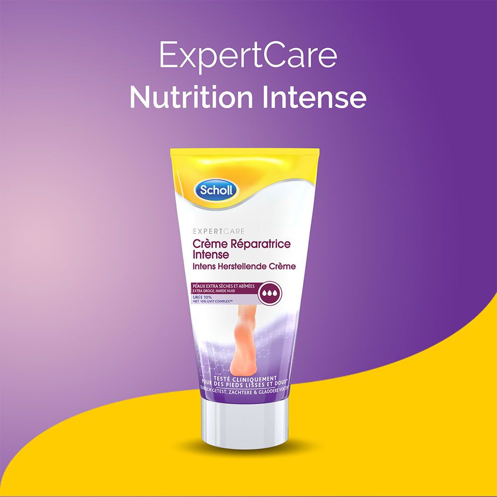 Crèmetube Scholl ExpertCare Crème Réparatrice Intense. Tekst: Nutrition Intense. Voor extra droge huid. Paarse en gele achtergrond.