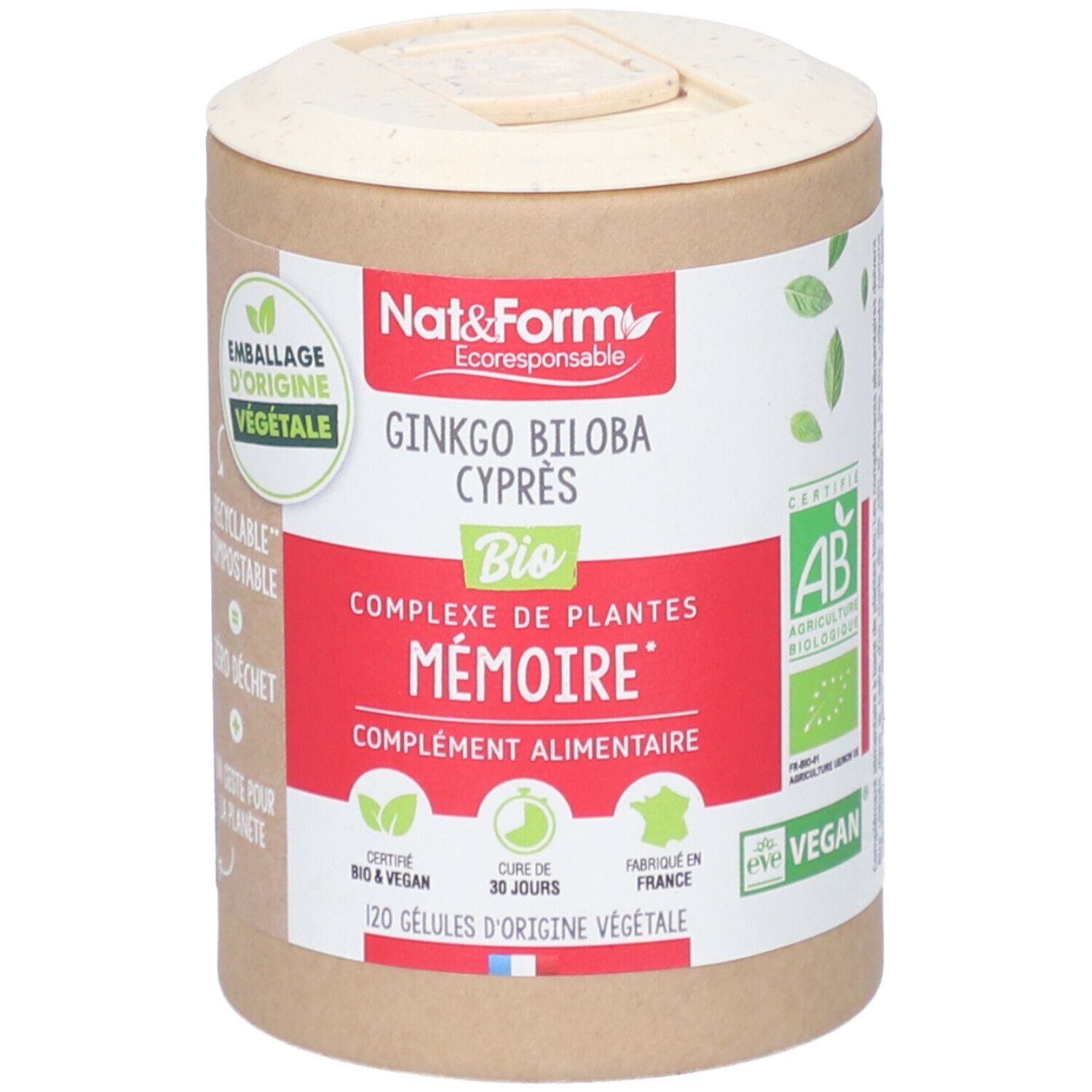 Boîte cylindrique avec couvercle. Inscription: Ginkgo Biloba Cyprès Bio, 120 gélules. Certification bio.