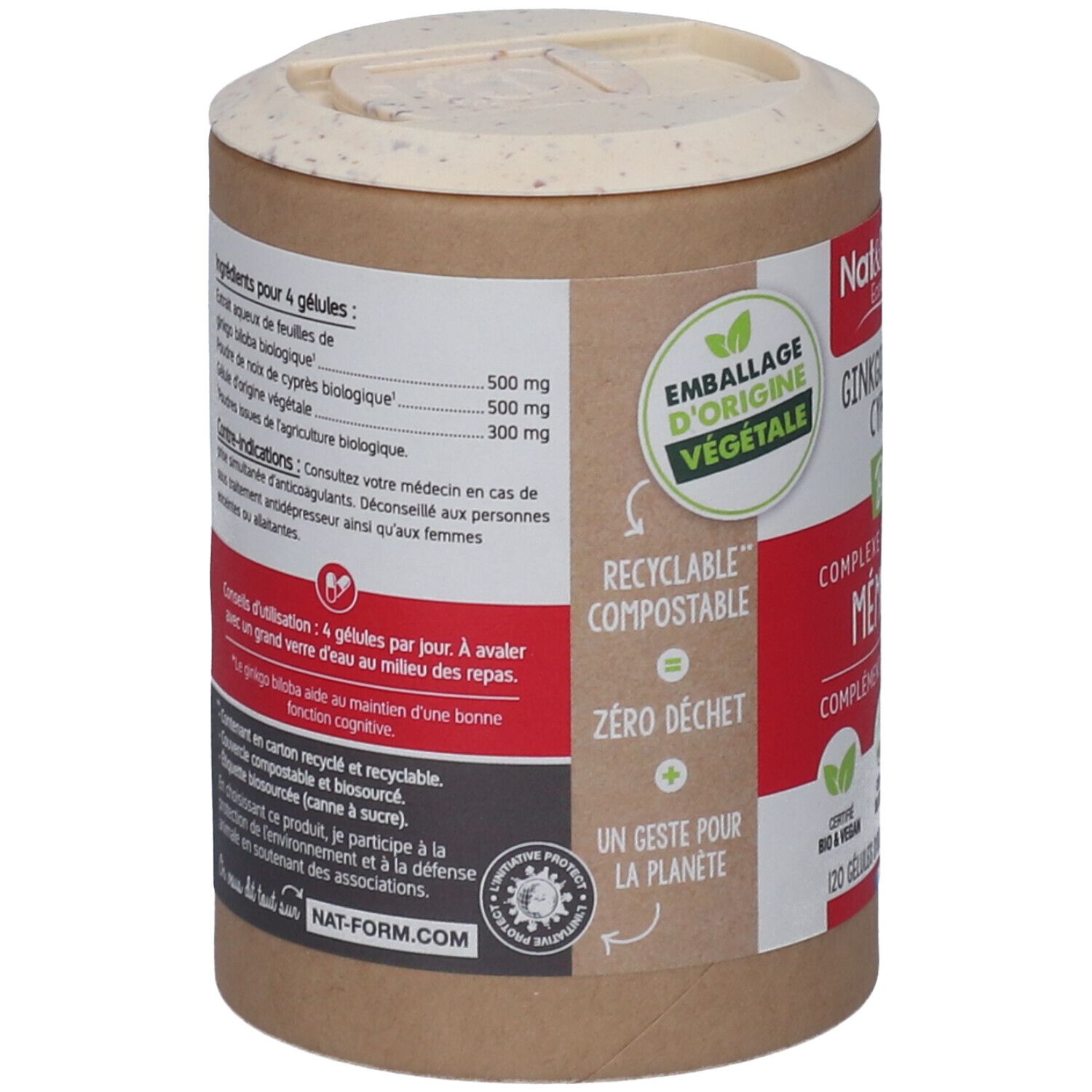 Dos de la boîte. Texte: ingrédients, mode d'emploi, avertissements. Emballage végétal, recyclable.