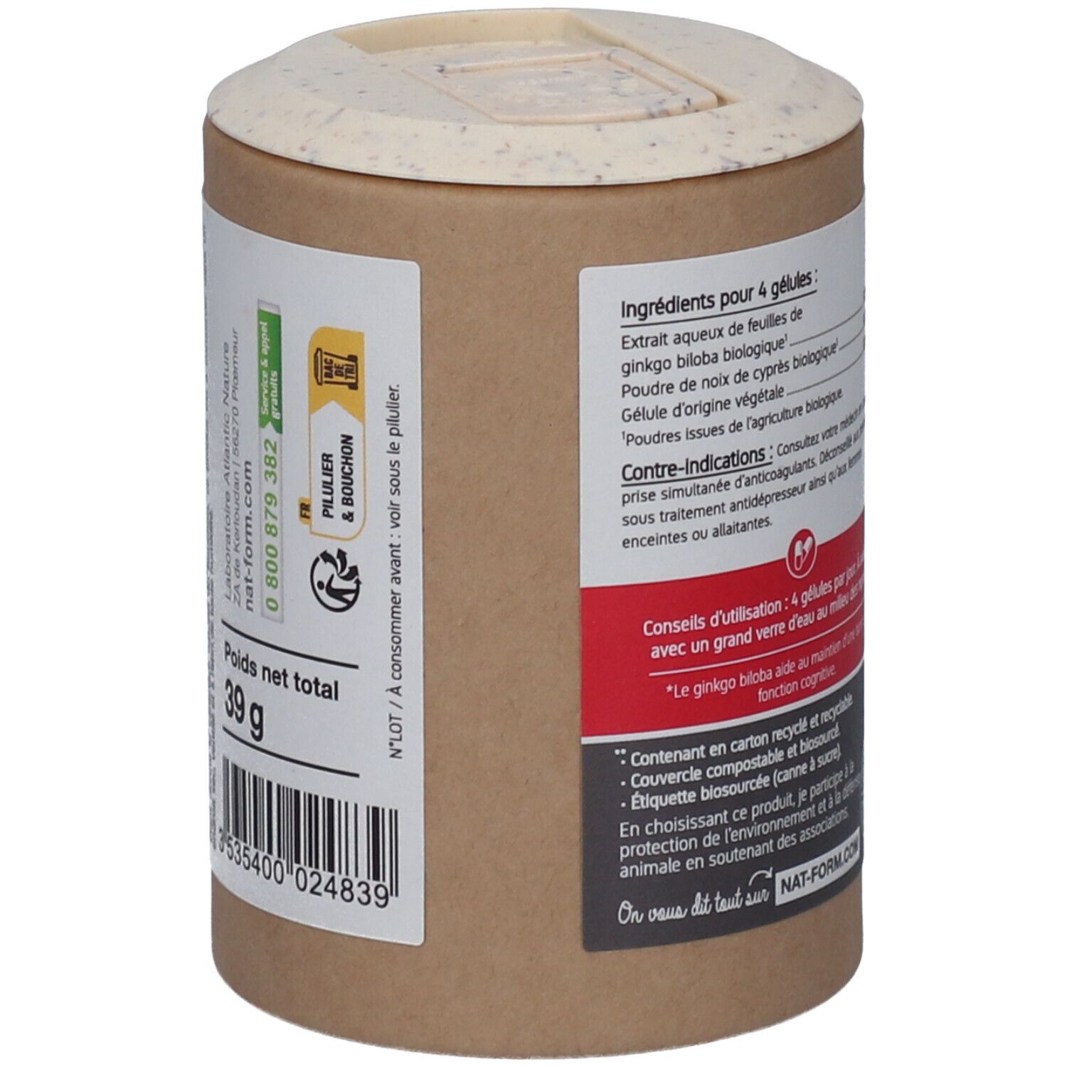 Boîte avec couvercle. Inscription: poids net 39g. Texte: ingrédients, mode d'emploi. Emballage recyclable.
