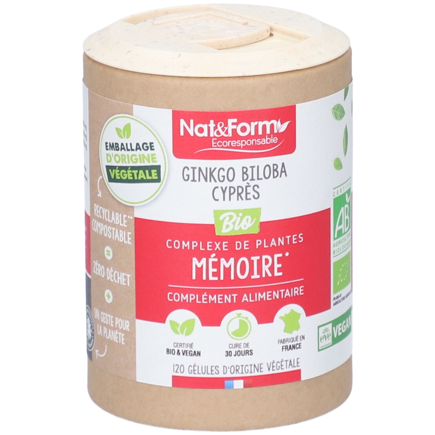 Boîte cylindrique avec couvercle. Inscription: Ginkgo Biloba Cyprès Bio, 120 gélules. Certification bio.