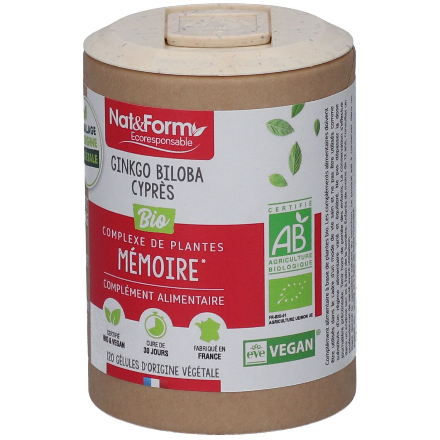 Boîte cylindrique avec couvercle. Inscription: Ginkgo Biloba Cyprès Bio, 120 gélules. Certification bio.
