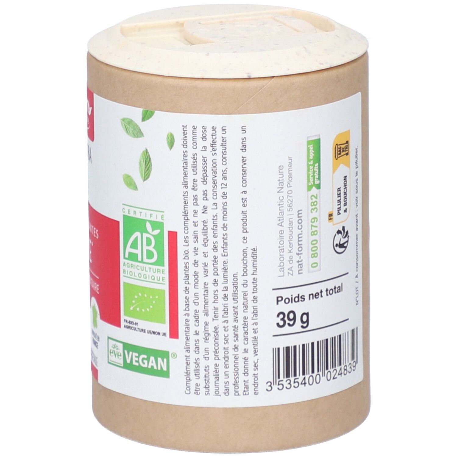 Dos de la boîte. Texte: ingrédients, mode d'emploi, avertissements. Certification bio, label Vegan.