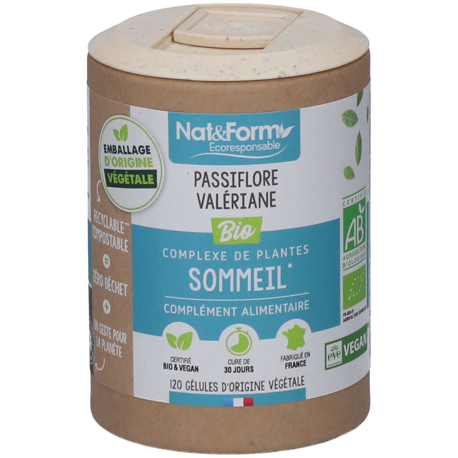 Boîte cylindrique avec couvercle. Inscription: Nat&Form Passiflore Valériane Bio, 120 gélules végétales. Certification Bio.