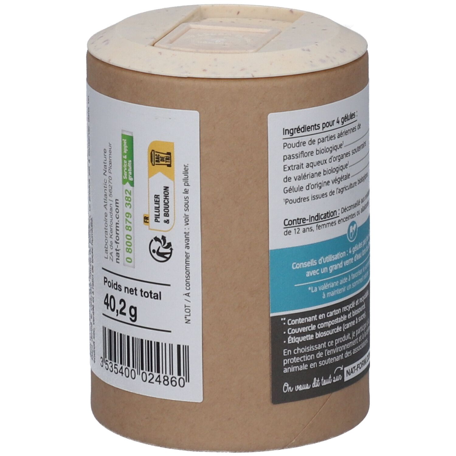 Dos de la boîte. Poids net 40,2 g. Informations sur le recyclage et la compostabilité. Adresse du fabricant.