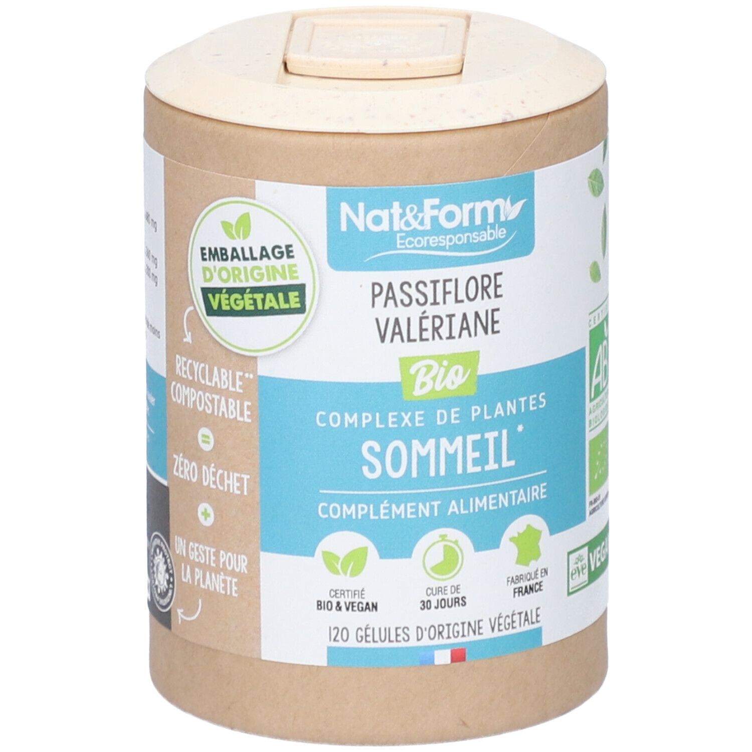 Boîte cylindrique avec couvercle. Inscription: Nat&Form Passiflore Valériane Bio, complexe pour le sommeil, complément alimentaire.