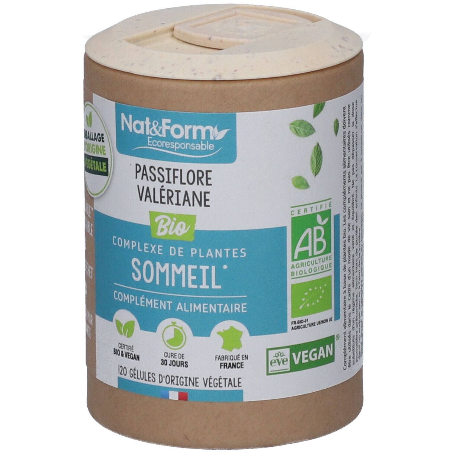 Boîte cylindrique avec couvercle. Inscription: Nat&Form Passiflore Valériane Bio, complexe pour le sommeil, 120 gélules végétales.