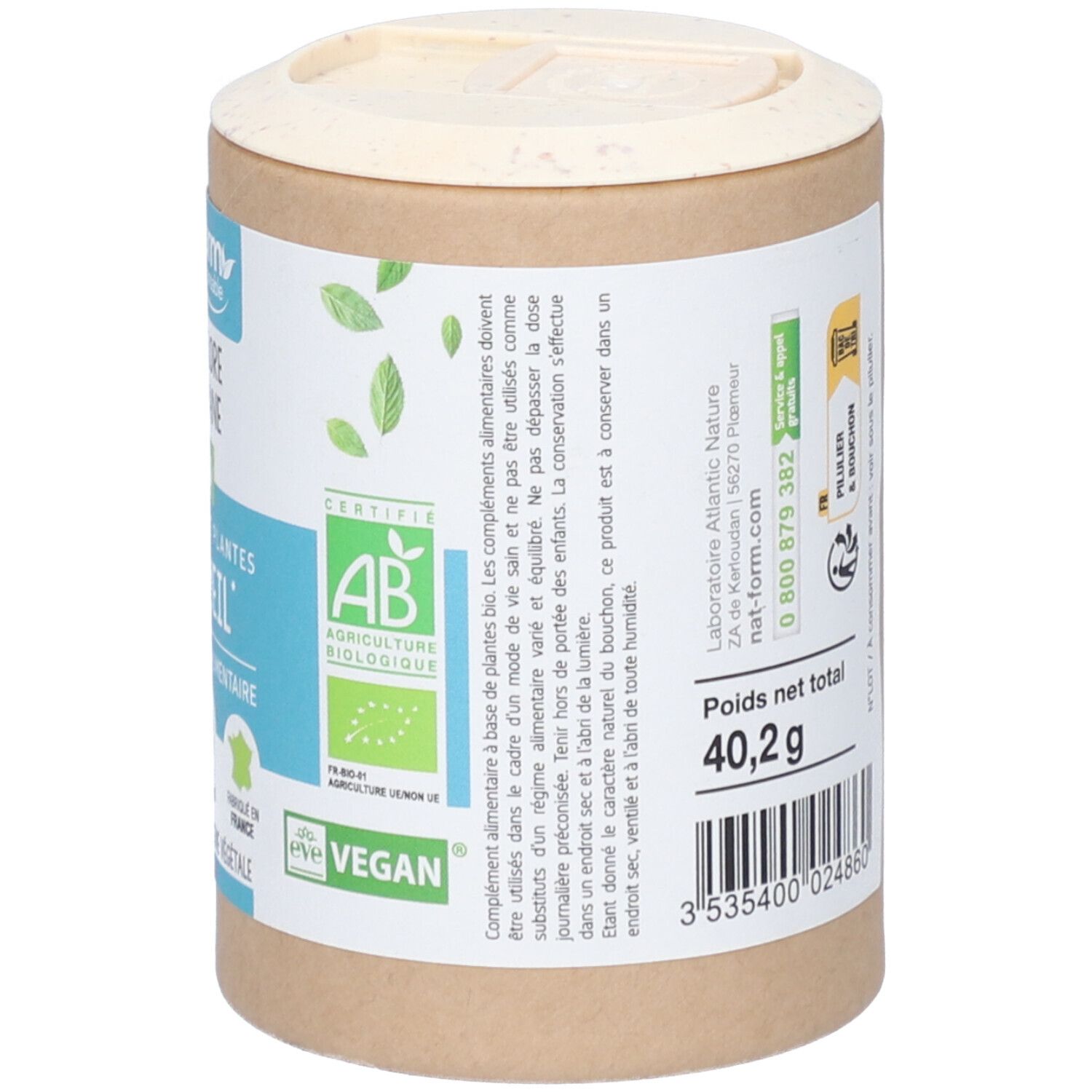 Dos de la boîte. Certification Bio, label Vegan. Informations d'utilisation et de stockage. Poids net 40,2 g.
