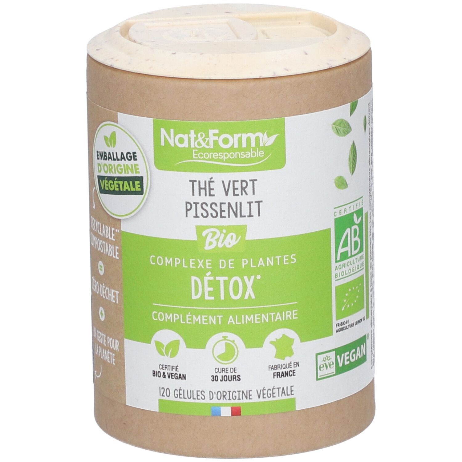 Emballage cylindrique. Inscription: Thé vert Pissenlit Bio, Détox, 120 gélules. Labels AB Bio et Vegan.