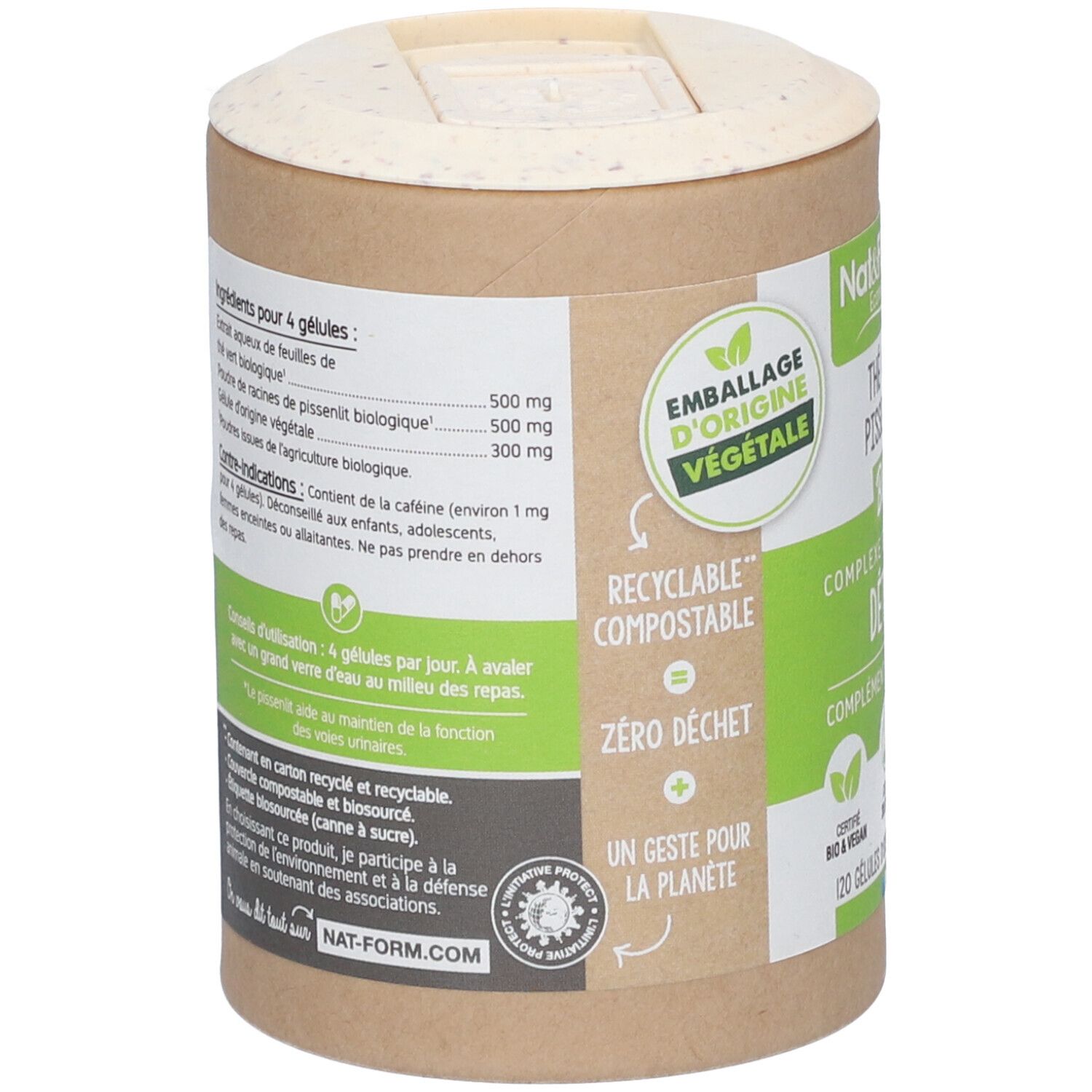 Dos de l'emballage. Liste des ingrédients, conseils d'utilisation. Texte: Recyclable, compostable, zéro déchet. Nat-Form.com.