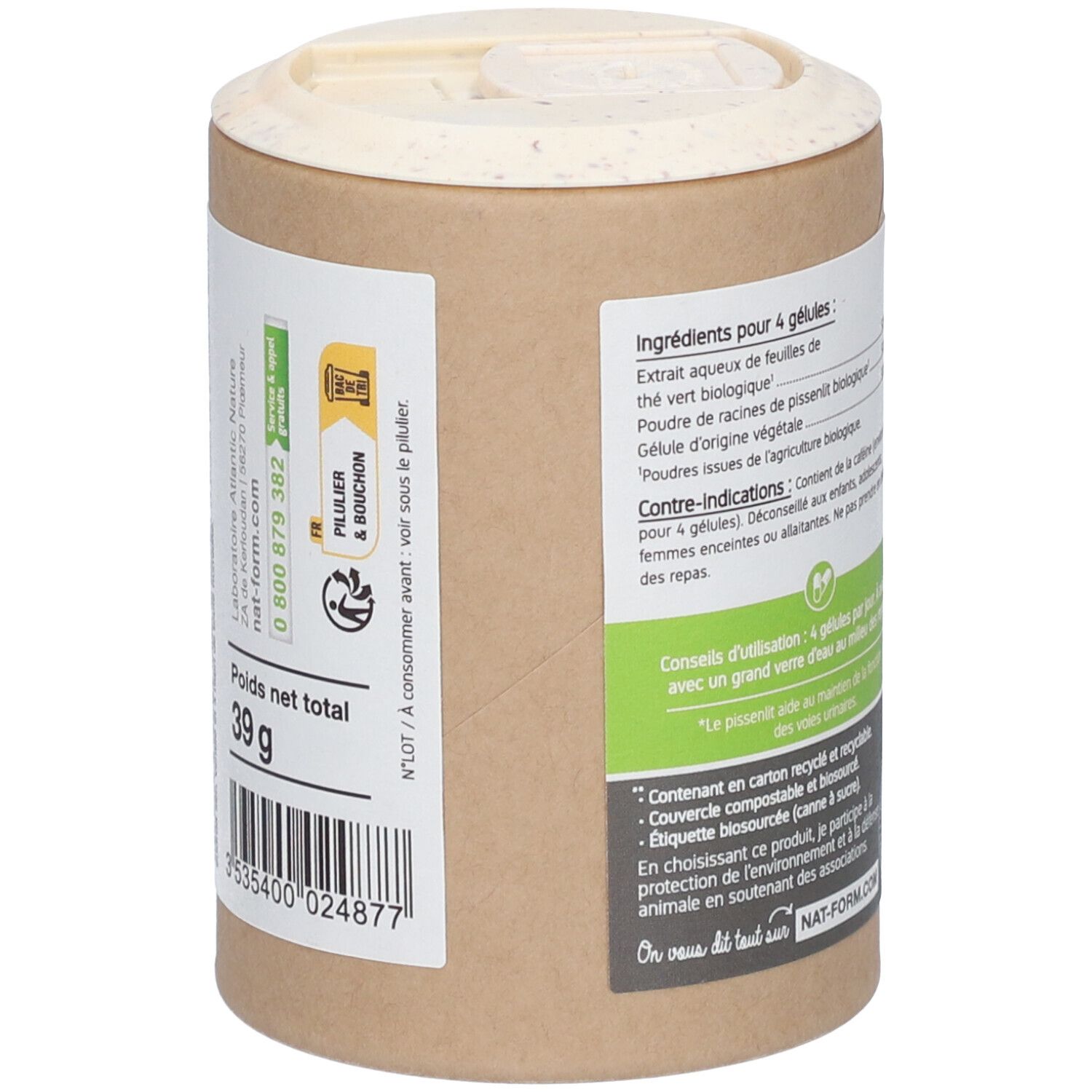 Dos de l'emballage. Poids net 39g. Texte: Pliage & Bouchon. Code-barres. Nat-Form.com. Label AB Bio.
