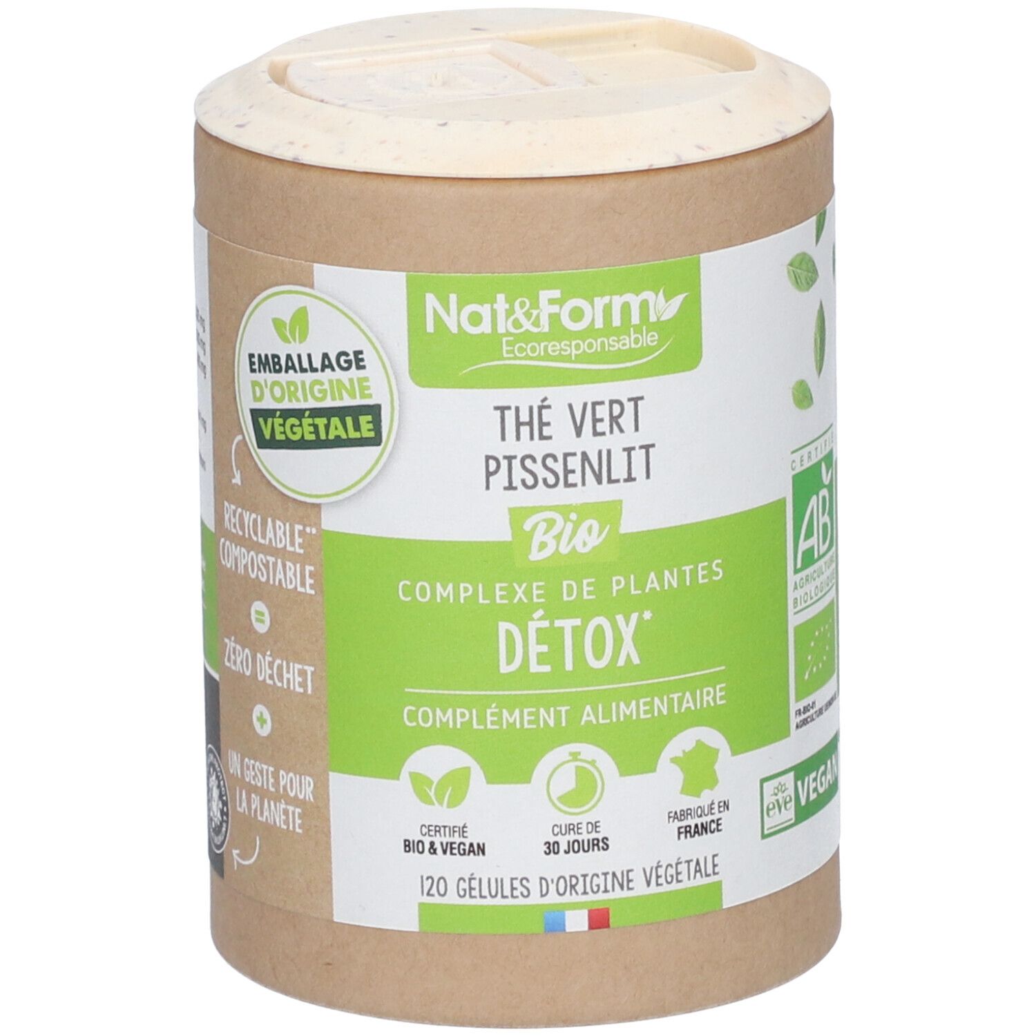 Emballage cylindrique. Inscription: Thé vert Pissenlit Bio, Détox, 120 gélules. Labels AB Bio et Vegan.