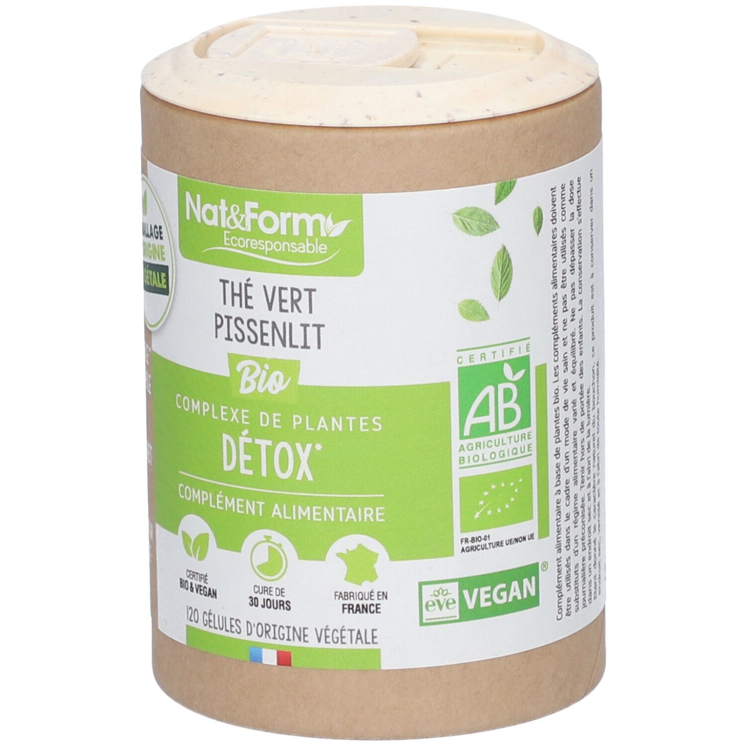Emballage cylindrique. Inscription: Thé vert Pissenlit Bio, Détox, 120 gélules. Labels AB Bio et Vegan.