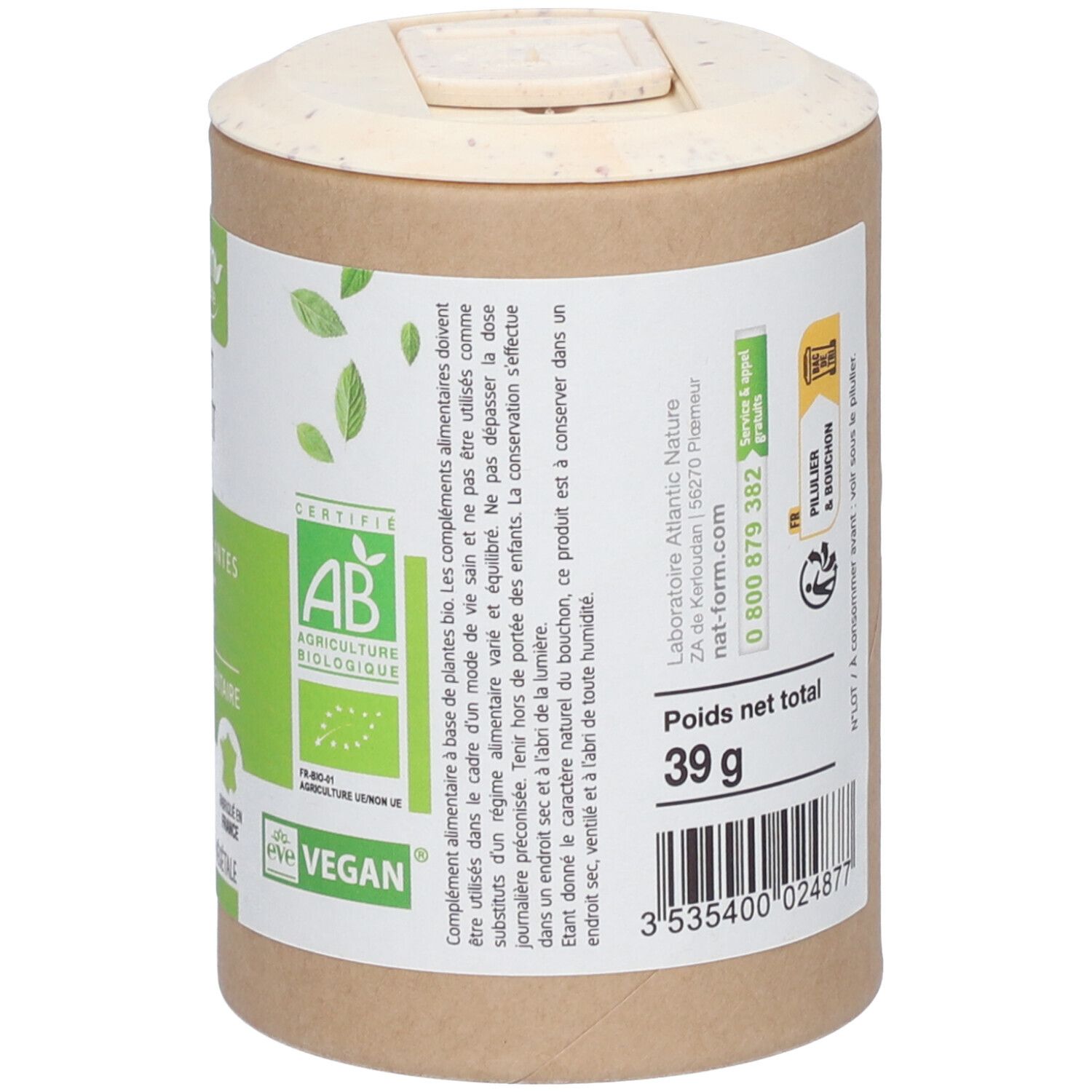 Dos de l'emballage. Poids net 39g. Texte: Pliage & Bouchon. Code-barres. Nat-Form.com. Labels AB Bio et Vegan.