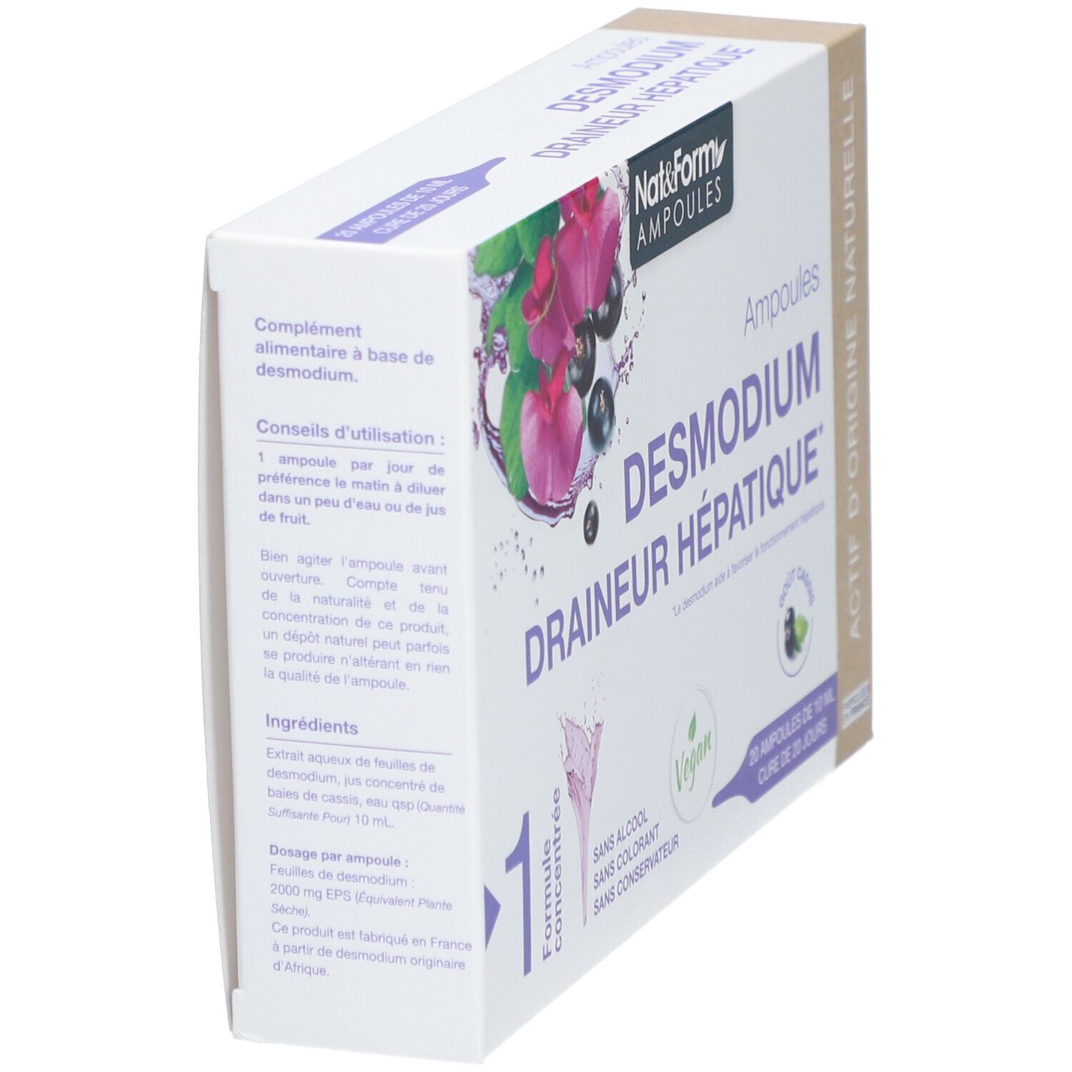 Boîte inclinée de Nat&Form Ampoules Desmodium. Inscription : Draineur Hépatique. Logo Vegan. Informations produit.