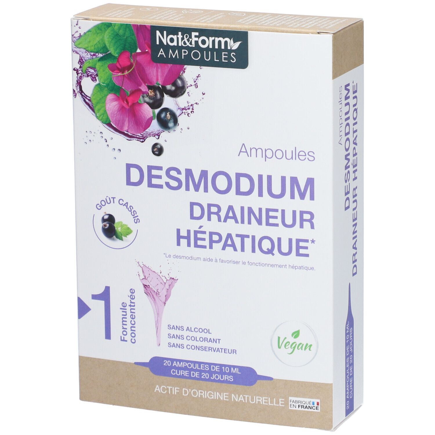 Boîte de Nat&Form Ampoules Desmodium. Inscription : Draineur Hépatique. Logo Vegan. 20 ampoules de 10 ml.
