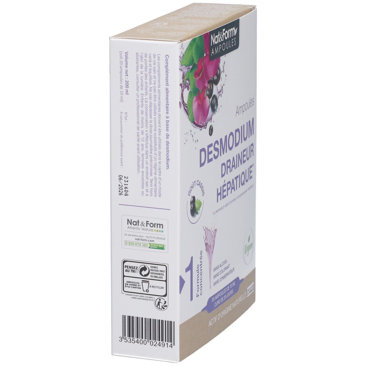 Boîte de Nat&Form Ampoules Desmodium. Inscription : Draineur Hépatique. Logo Vegan. Code-barres.