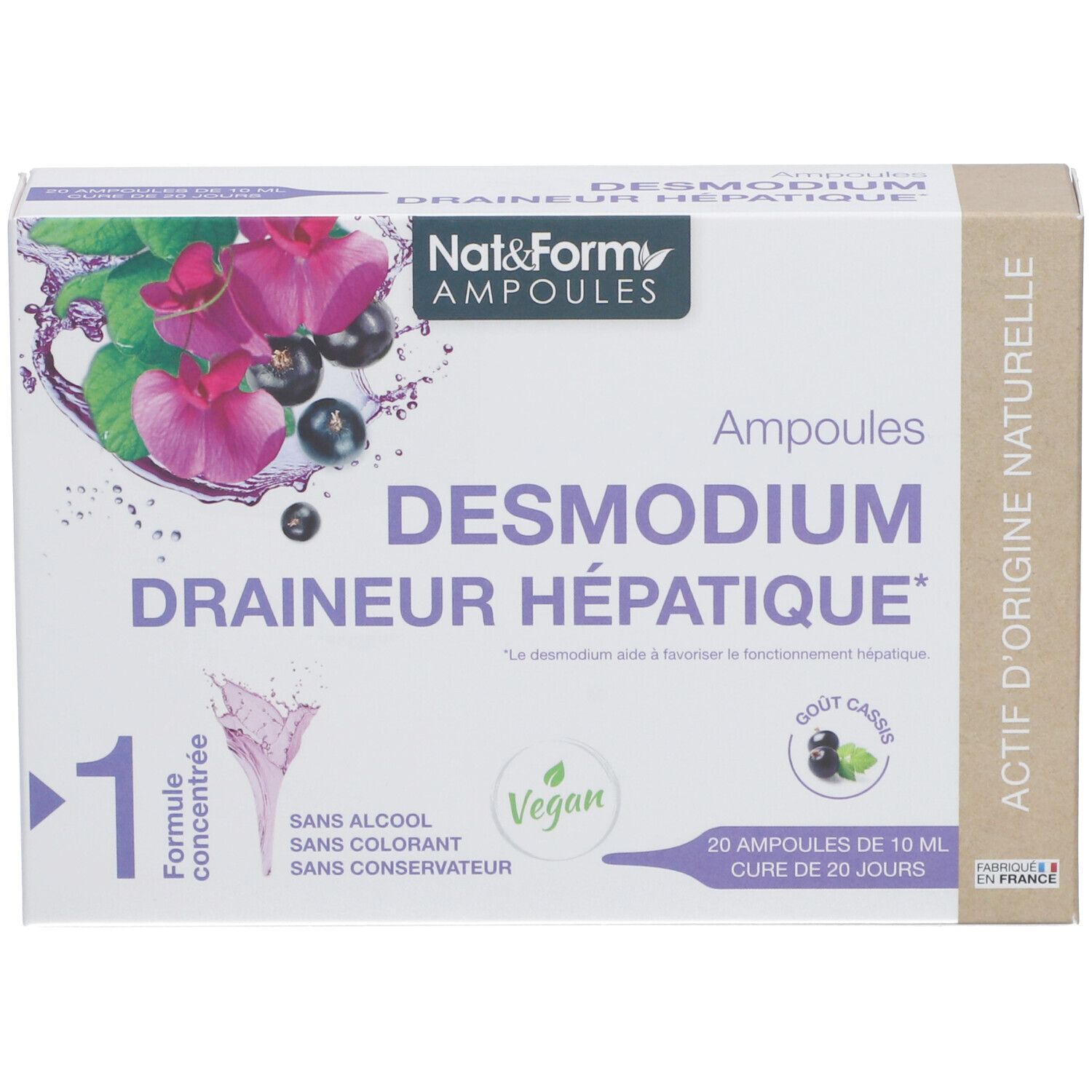 Boîte de Nat&Form Ampoules Desmodium. Inscription : Draineur Hépatique. Logo Vegan. 20 ampoules de 10 ml.