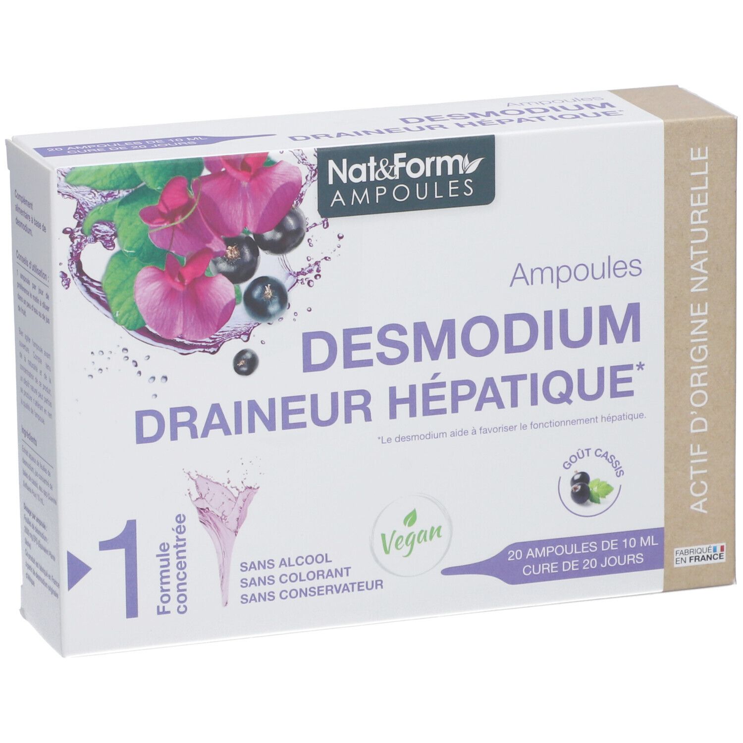 Boîte de Nat&Form Ampoules Desmodium. Inscription : Draineur Hépatique. Logo Vegan. 20 ampoules de 10 ml.