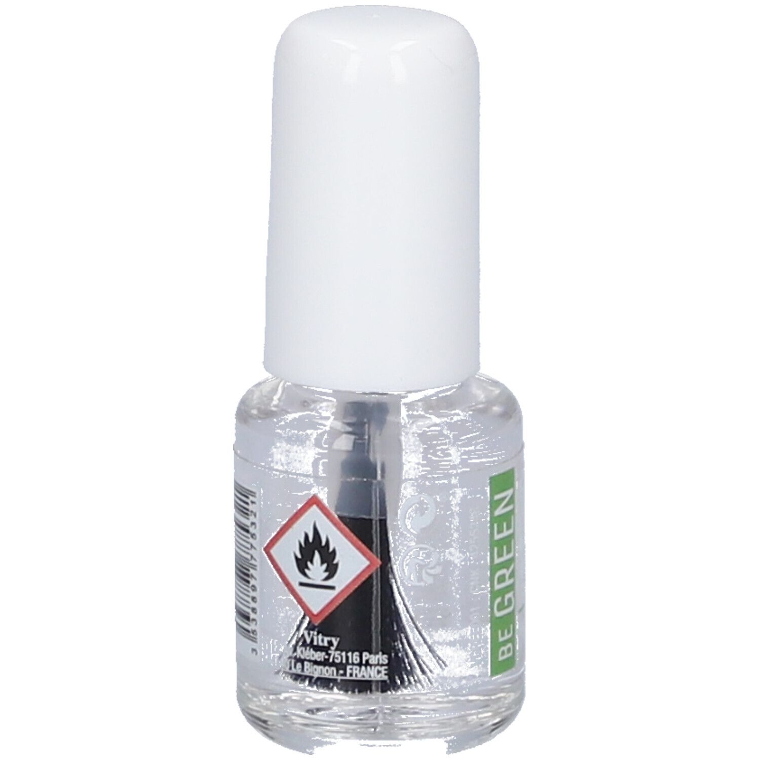 Klare Nagellackflasche mit weißem Deckel. Aufschrift: BE GREEN, Vitry. Gefahrensymbol: Flamme.