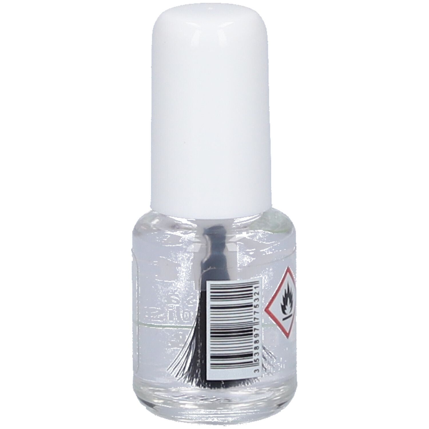 Klare Nagellackflasche mit weißem Deckel. Gefahrensymbol: Flamme. Aufschrift: Vitry.