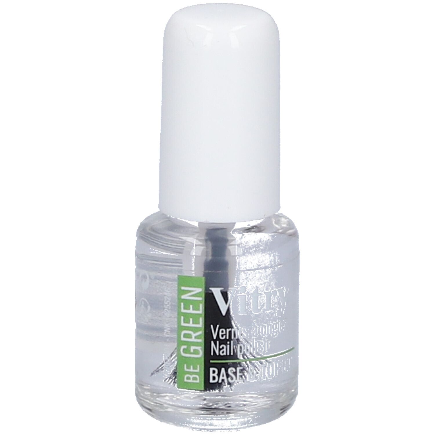 Klare Nagellackflasche mit weißem Deckel. Aufschrift: BE GREEN, Vitry, BASE & TOP COAT.