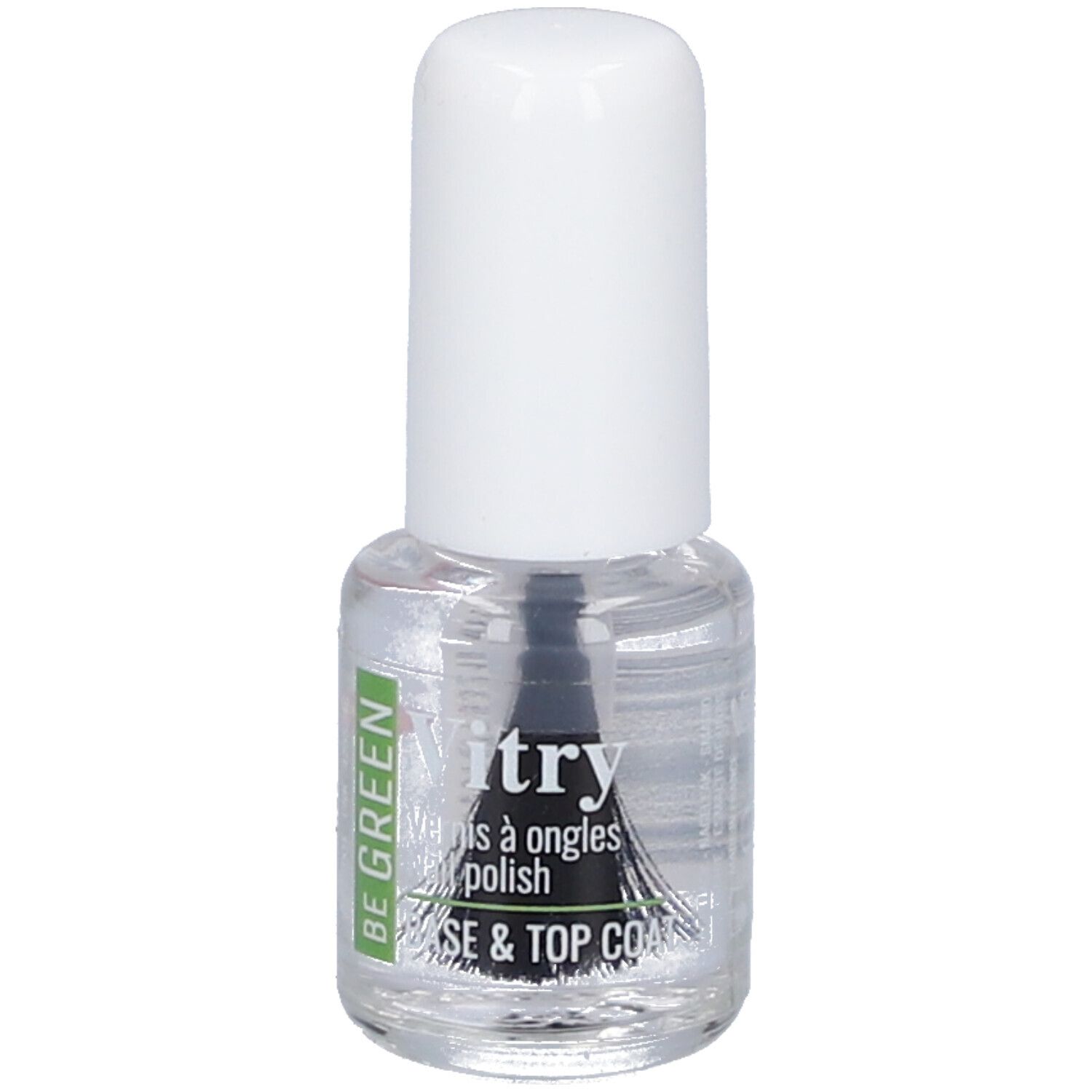 Klare Nagellackflasche mit weißem Deckel. Aufschrift: BE GREEN, Vitry, BASE & TOP COAT.