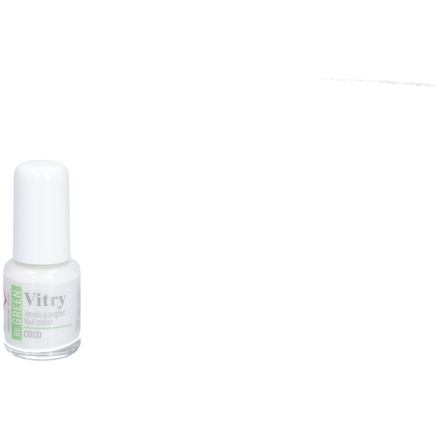 Flacon de vernis à ongles avec bouchon blanc. Inscription: Vitry, Coco. Logo Be Green.