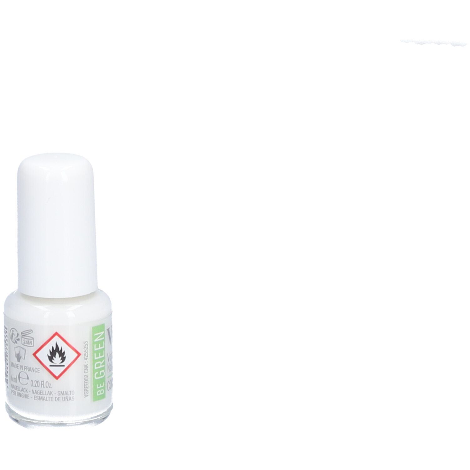 Flacon de vernis à ongles avec bouchon blanc. Inscription: Be Green. Symbole de danger.