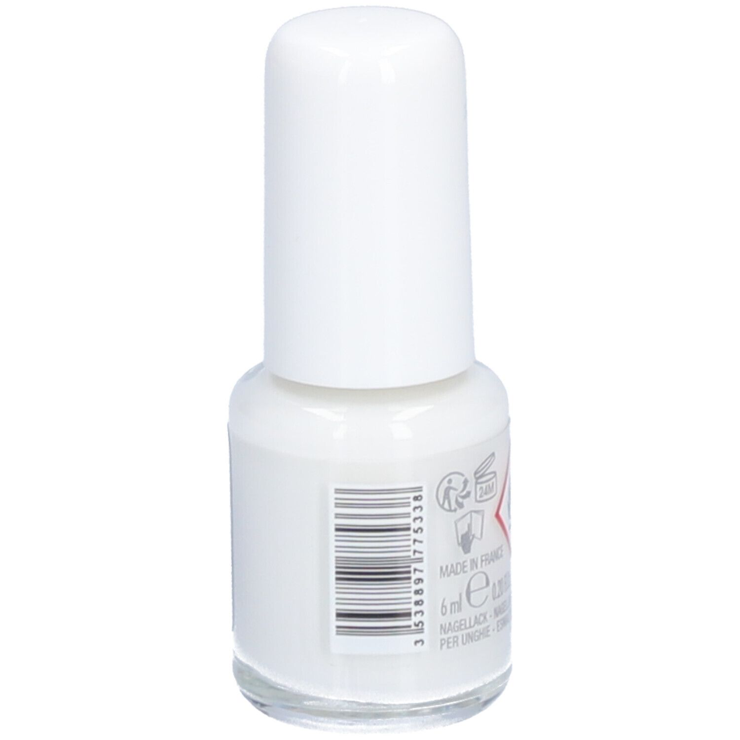Dos d'un flacon de vernis à ongles avec bouchon blanc. Code-barres, avertissements et ingrédients.