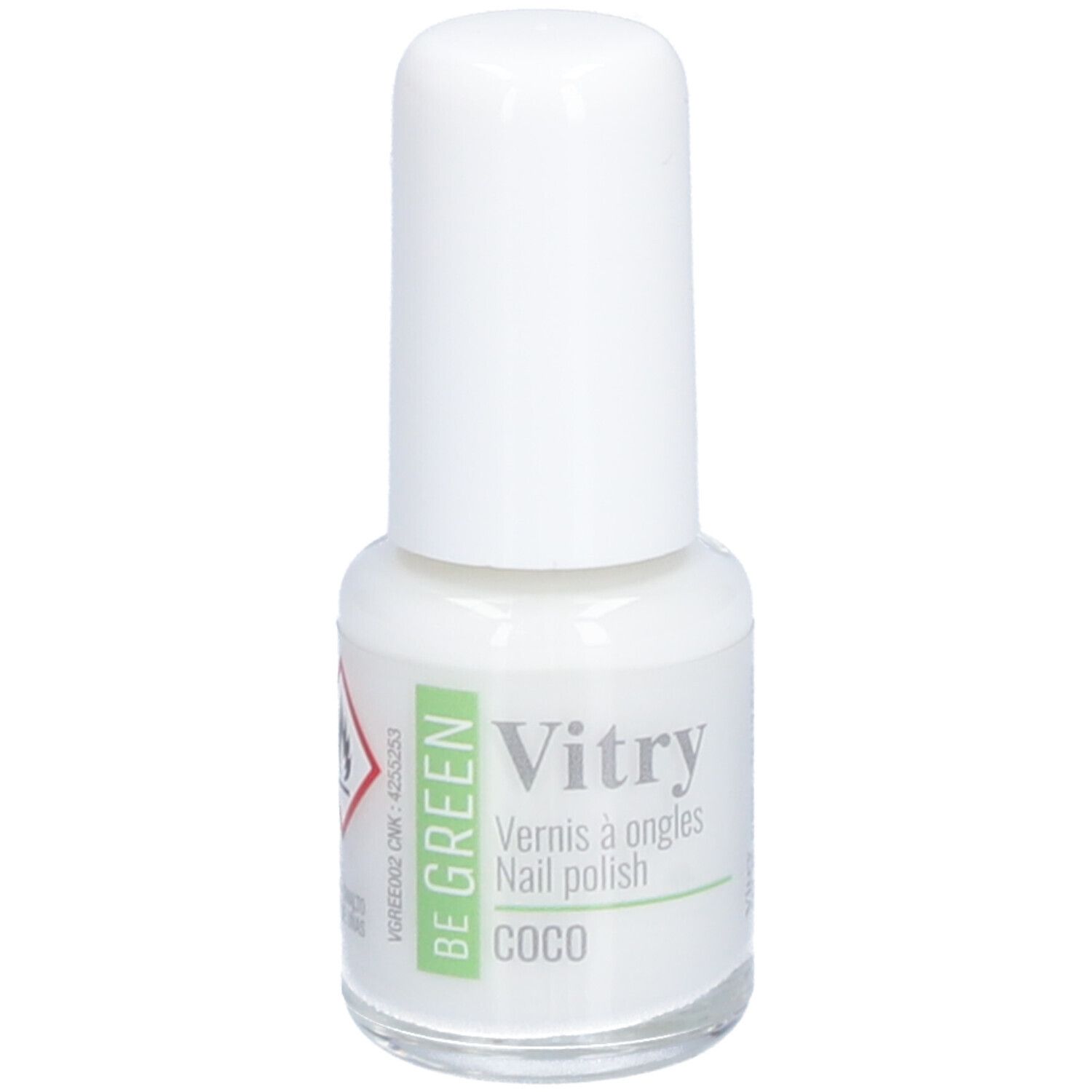 Flacon de vernis à ongles avec bouchon blanc. Inscription: Vitry, Vernis à ongles, Coco. Logo Be Green.