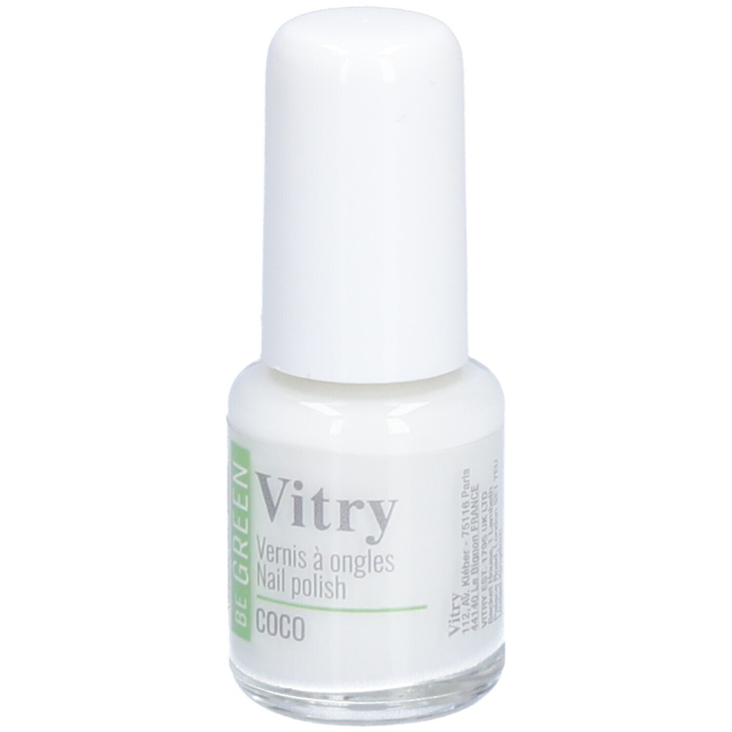 Flacon de vernis à ongles avec bouchon blanc. Inscription: Vitry, Vernis à ongles, Coco. Logo Be Green.